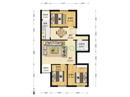 东花市北里中区南北三居，双卧朝南，户型方正