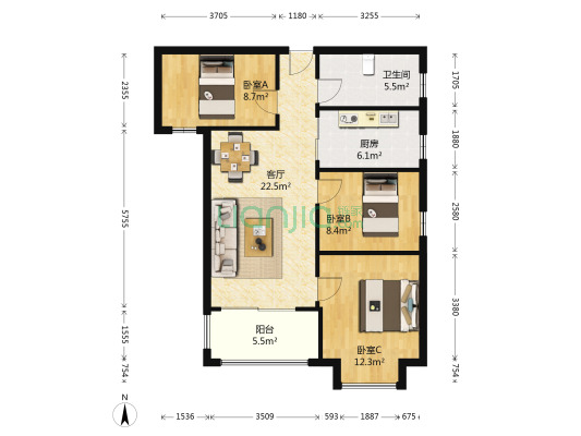 阳光城，高层精装小三房，自住装修，家具电齐全，诚售